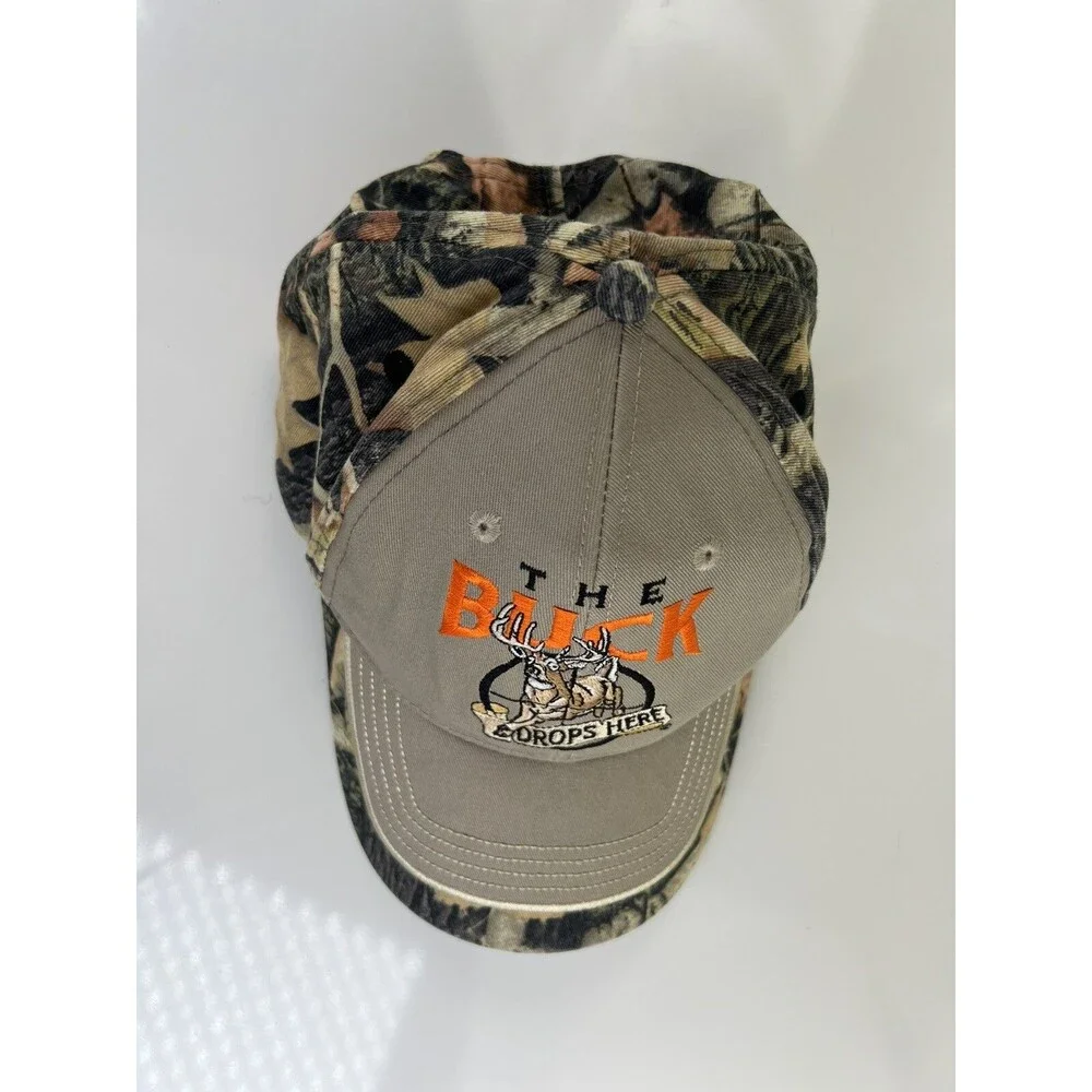 The Buck Drops Here Hunters Baseball Hat Ball Cap Camo Outdoors Man Embroidered